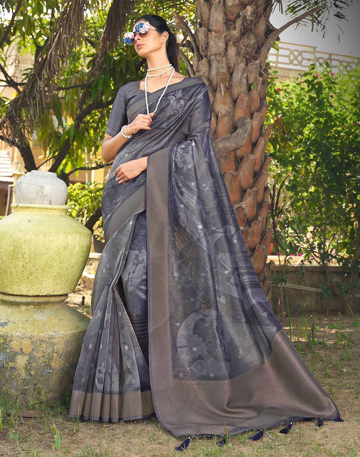 Collection of Grey Coloured Organza Saree in a gallery layout