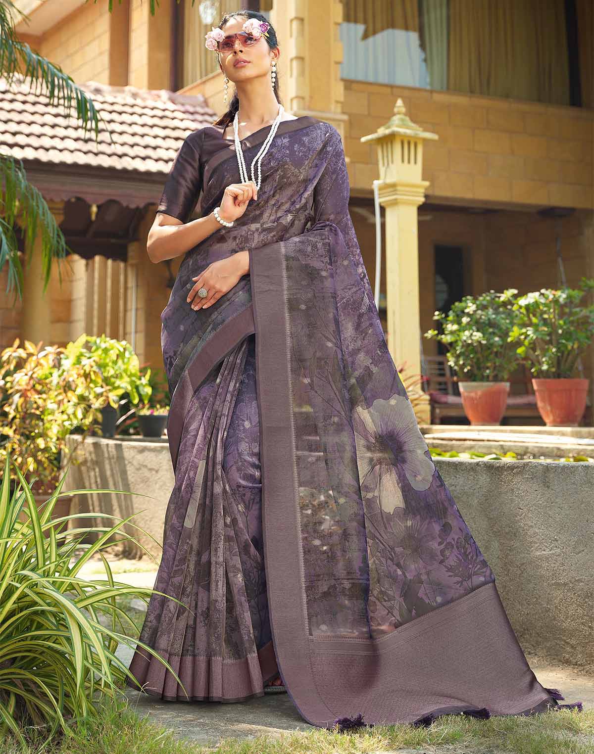 Violet Floral Print Organza Saree