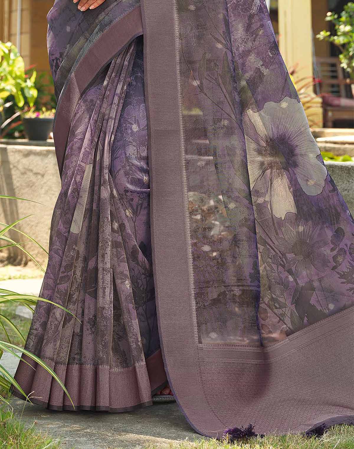 Violet Floral Print Organza Saree