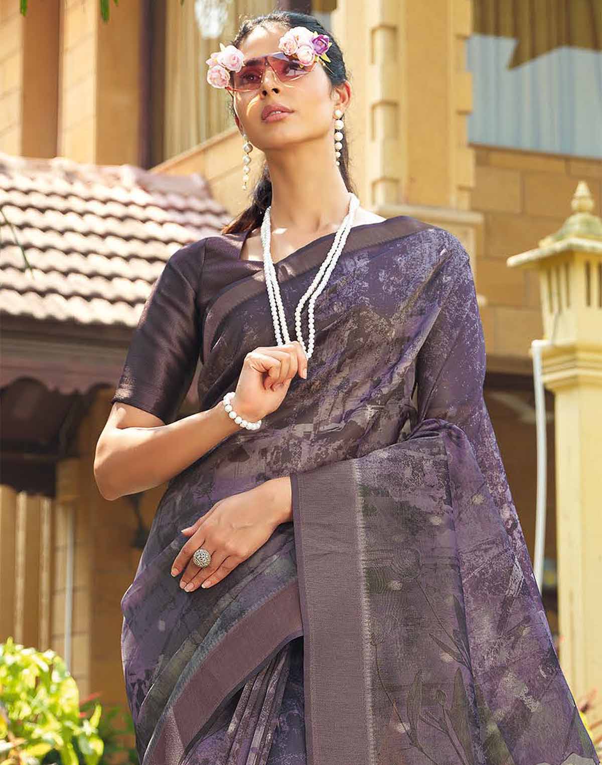 Collection of Violet Floral Print Organza Saree in a gallery layout