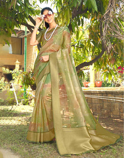 Collection of Green Graphic Design Organza Fancy Saree in a gallery layout