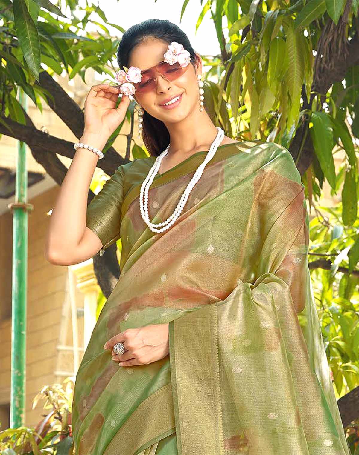 Collection of Green Graphic Design Organza Fancy Saree in a gallery layout