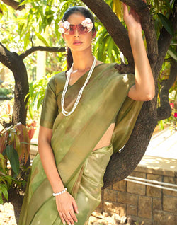 Collection of Green Graphic Design Organza Fancy Saree in a gallery layout