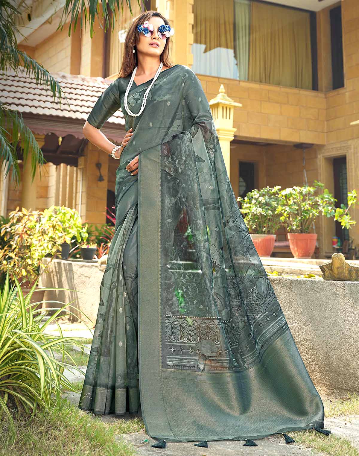 Trendy Ash Color Organza Saree