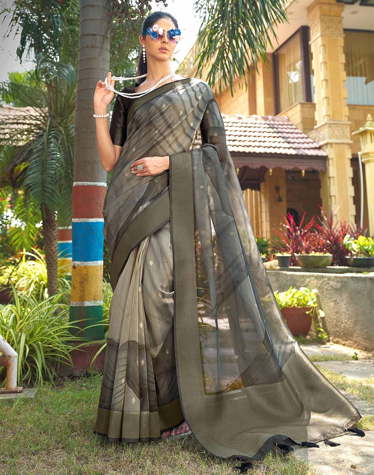 Collection of Light Grey Stylish Pattern Organza Saree in a gallery layout