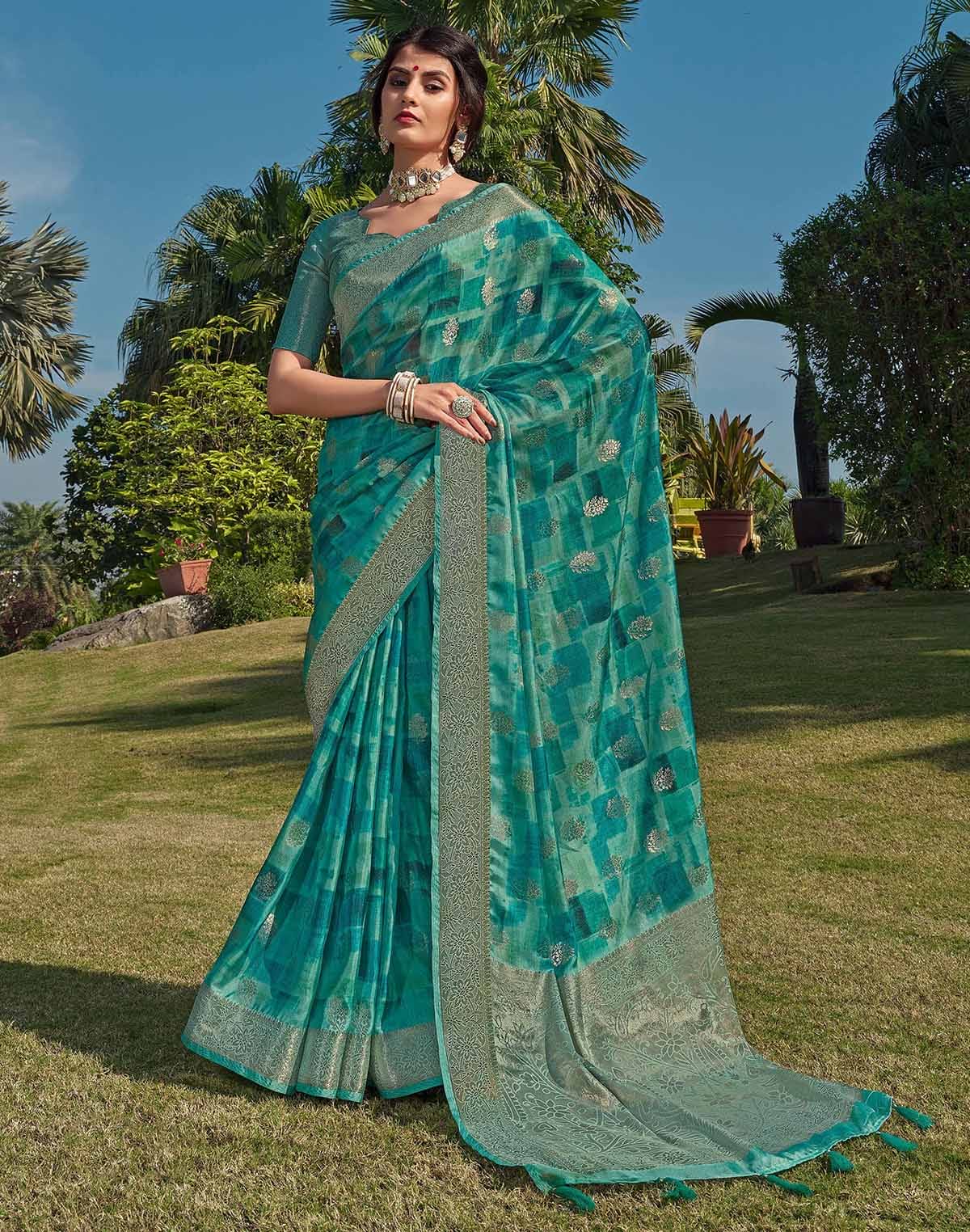 Sea Green Floral bunches Soft Silk Saree