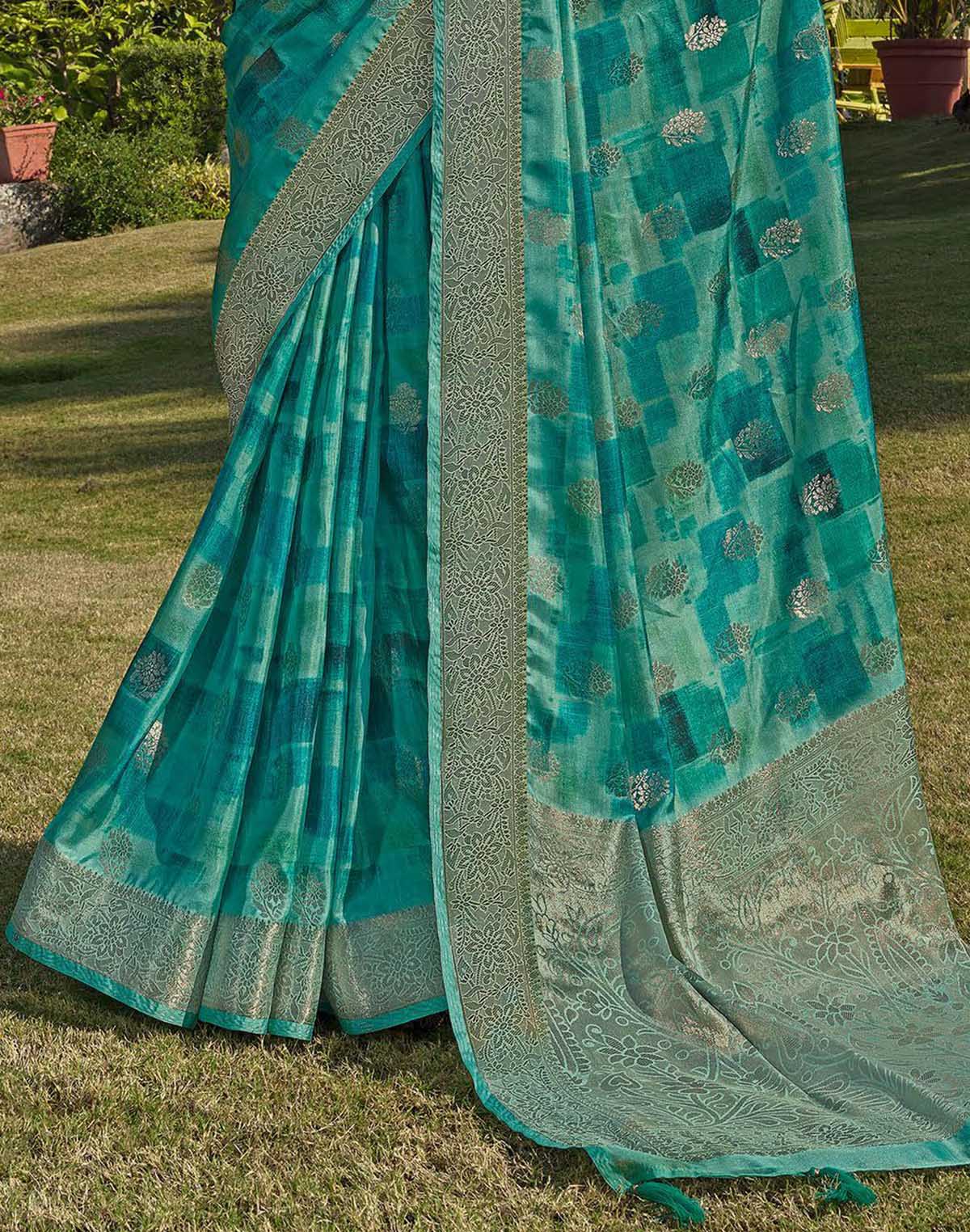 Collection of Sea Green Floral bunches Soft Silk Saree in a gallery layout