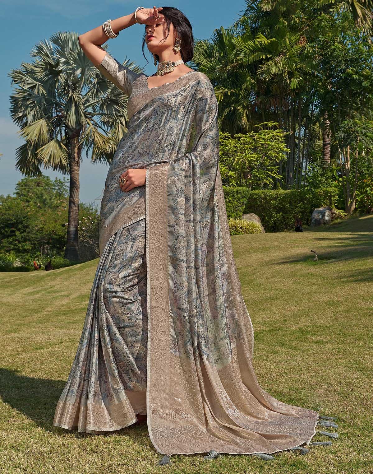 Pastel Grey Floral Soft Silk Saree