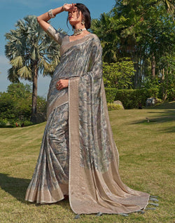 Collection of Pastel Grey Floral Soft Silk Saree in a gallery layout