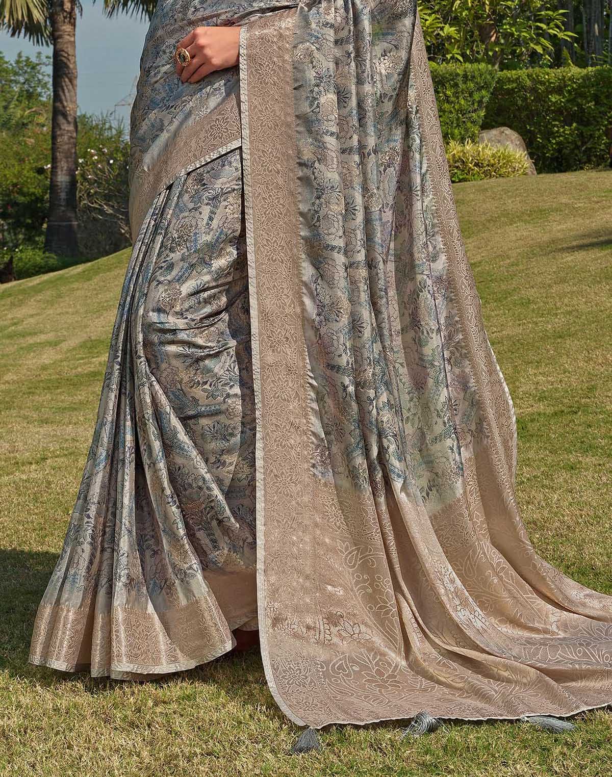 Pastel Grey Floral Soft Silk Saree