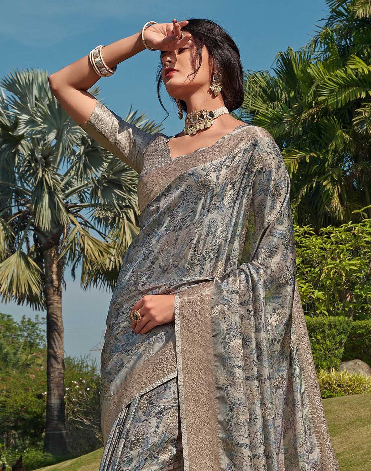 Pastel Grey Floral Soft Silk Saree