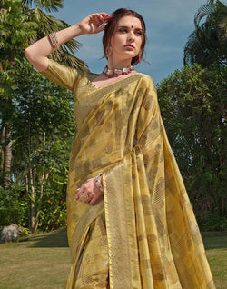 Collection of Mustard Floral Soft Silk Fancy Saree in a gallery layout