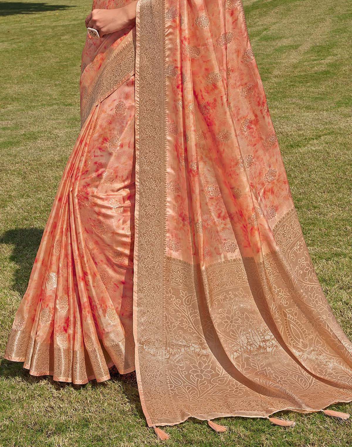 Floral Pattern Orange Colour Soft Silk Saree