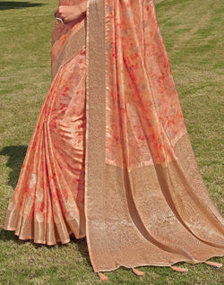 Collection of Floral Pattern Orange Colour Soft Silk Saree in a gallery layout