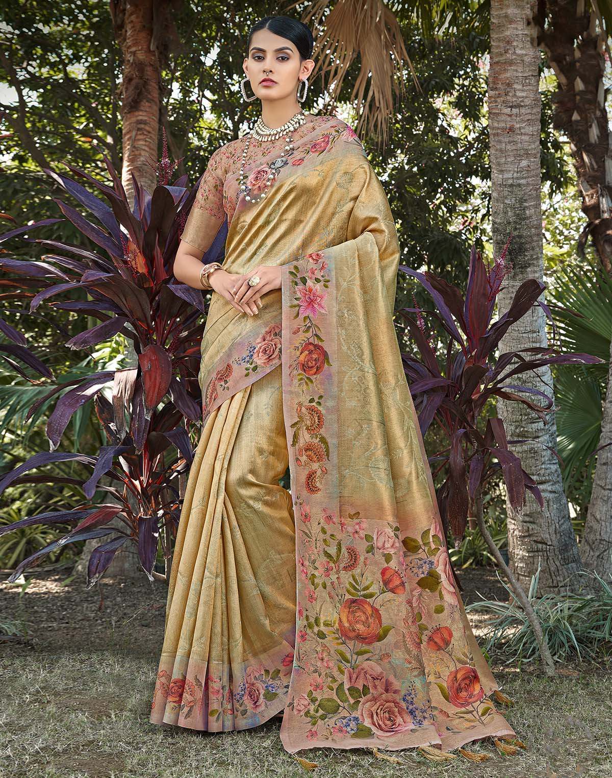 Gold Tissue Saree with Floral Border