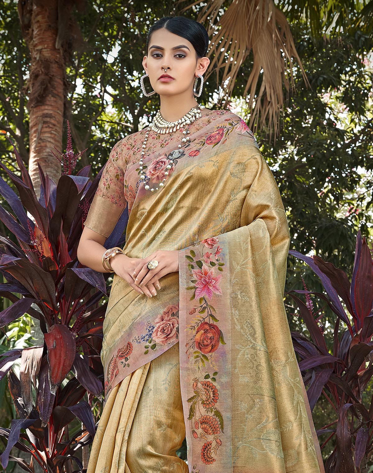 Collection of Gold Tissue Saree with Floral Border in a gallery layout