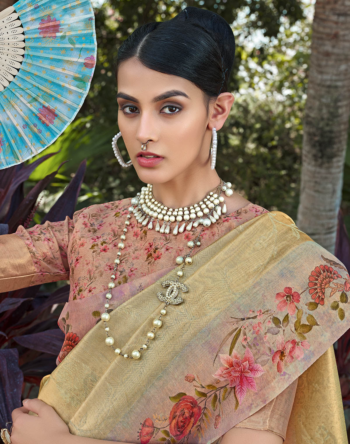 Collection of Gold Tissue Saree with Floral Border in a gallery layout