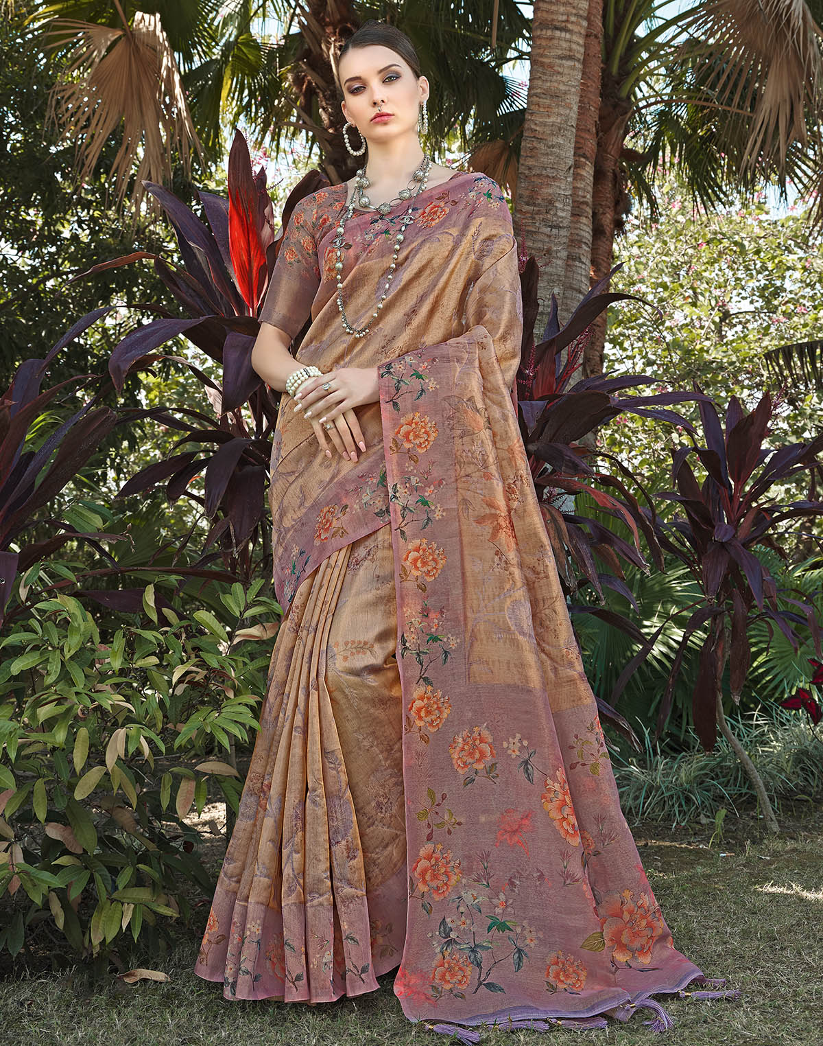 Brown Floral Print Tissue Saree