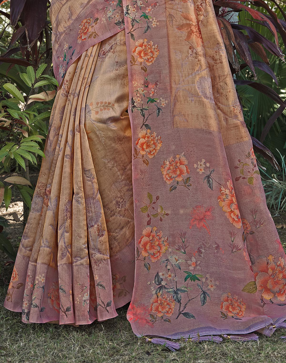 Collection of Brown Floral Print Tissue Saree in a gallery layout