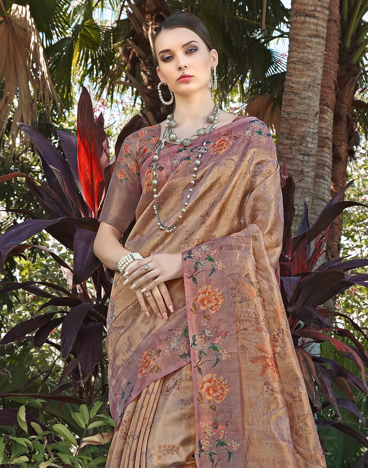 Brown Floral Print Tissue Saree