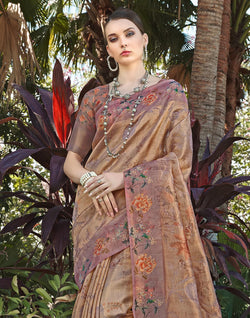 Collection of Brown Floral Print Tissue Saree in a gallery layout