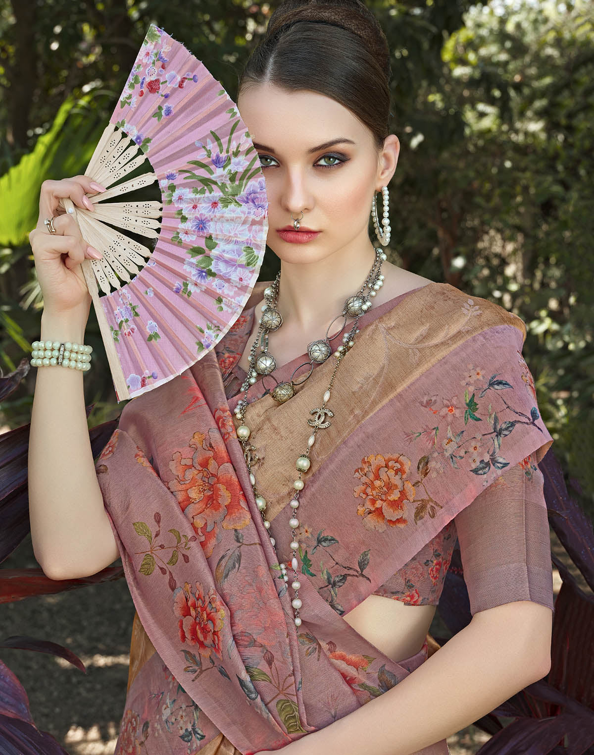 Collection of Brown Floral Print Tissue Saree in a gallery layout