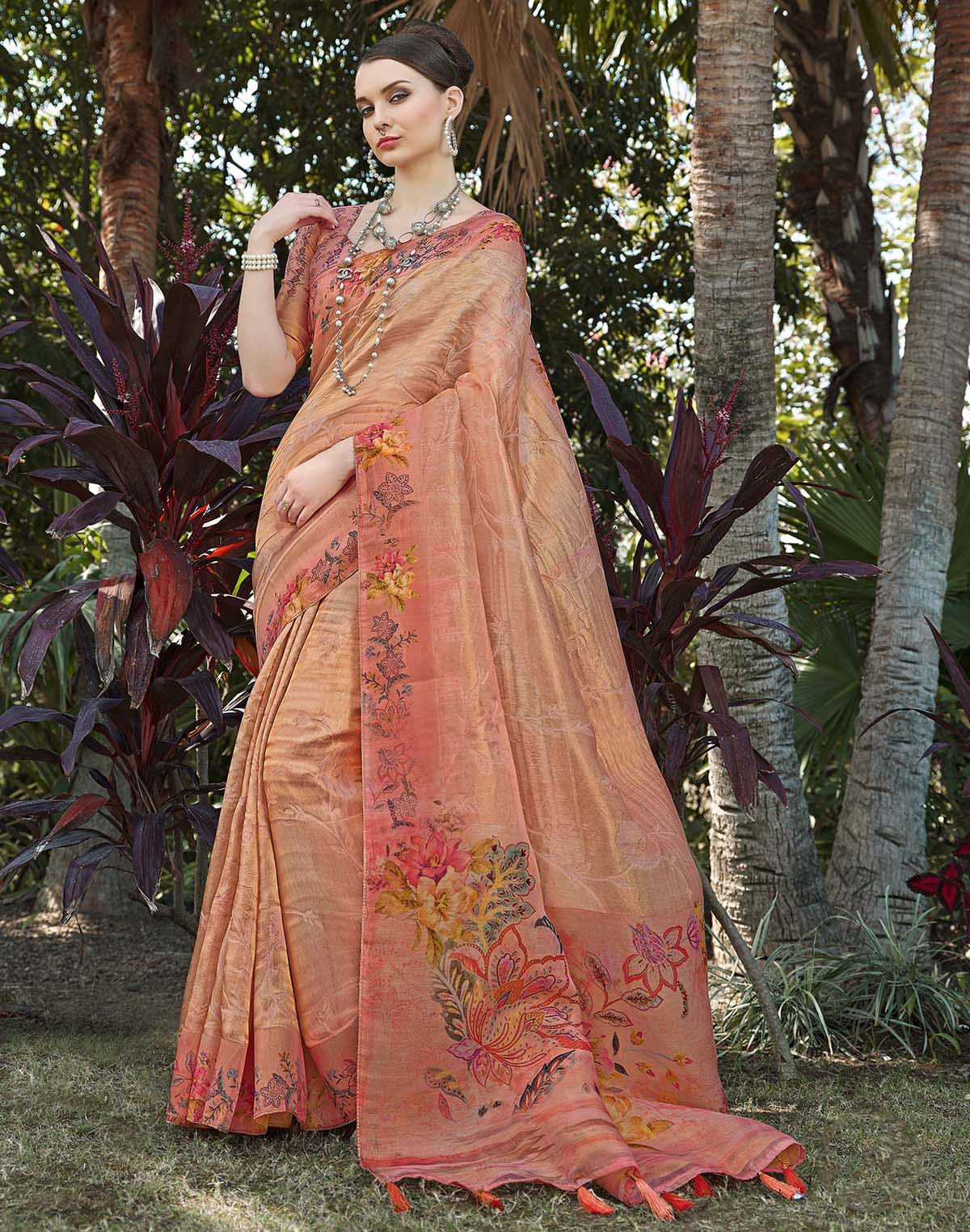 Tissue Fabric Orange Saree with Floral Border