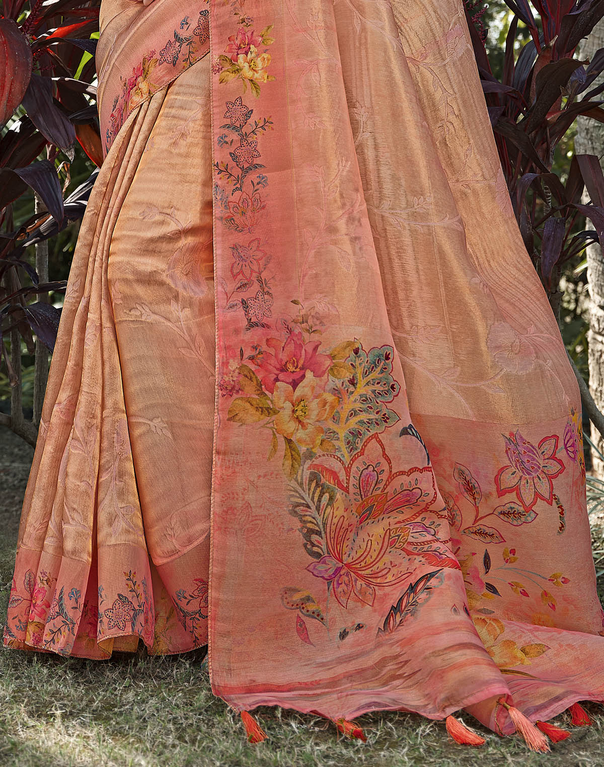 Collection of Tissue Fabric Orange Saree with Floral Border in a gallery layout