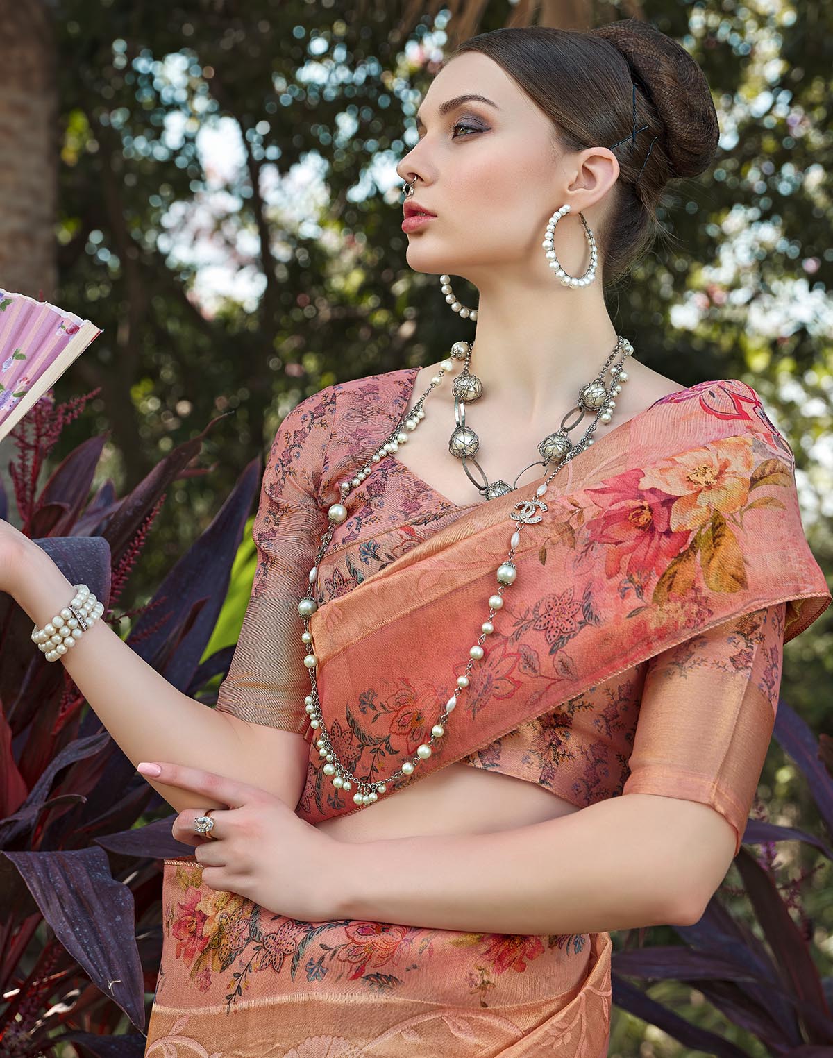 Collection of Tissue Fabric Orange Saree with Floral Border in a gallery layout