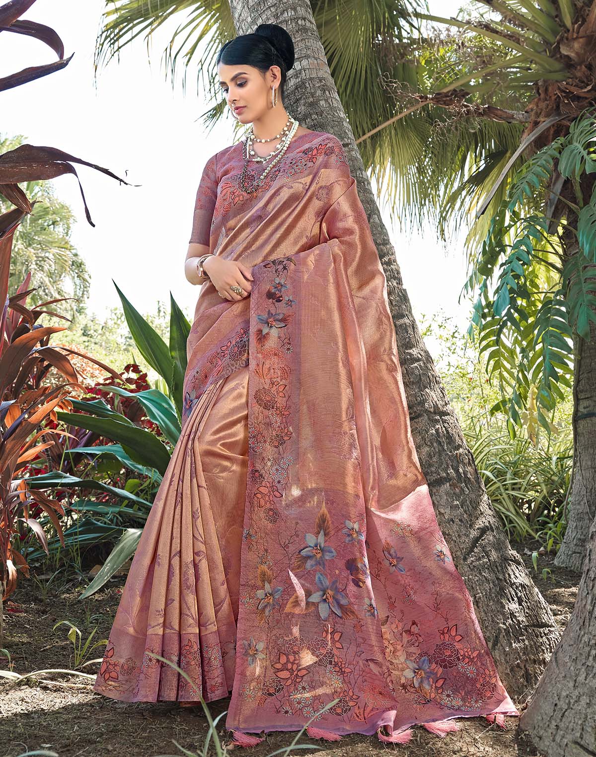 Peachmode Tissue Fabric Saree with Floral Border