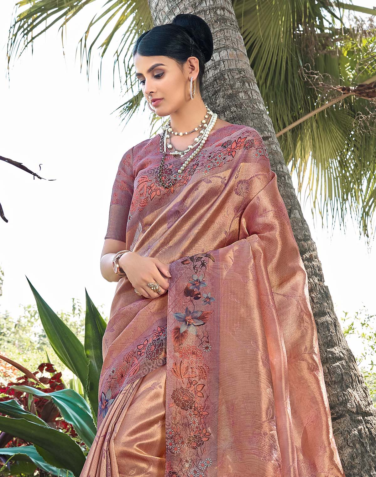 Peachmode Tissue Fabric Saree with Floral Border