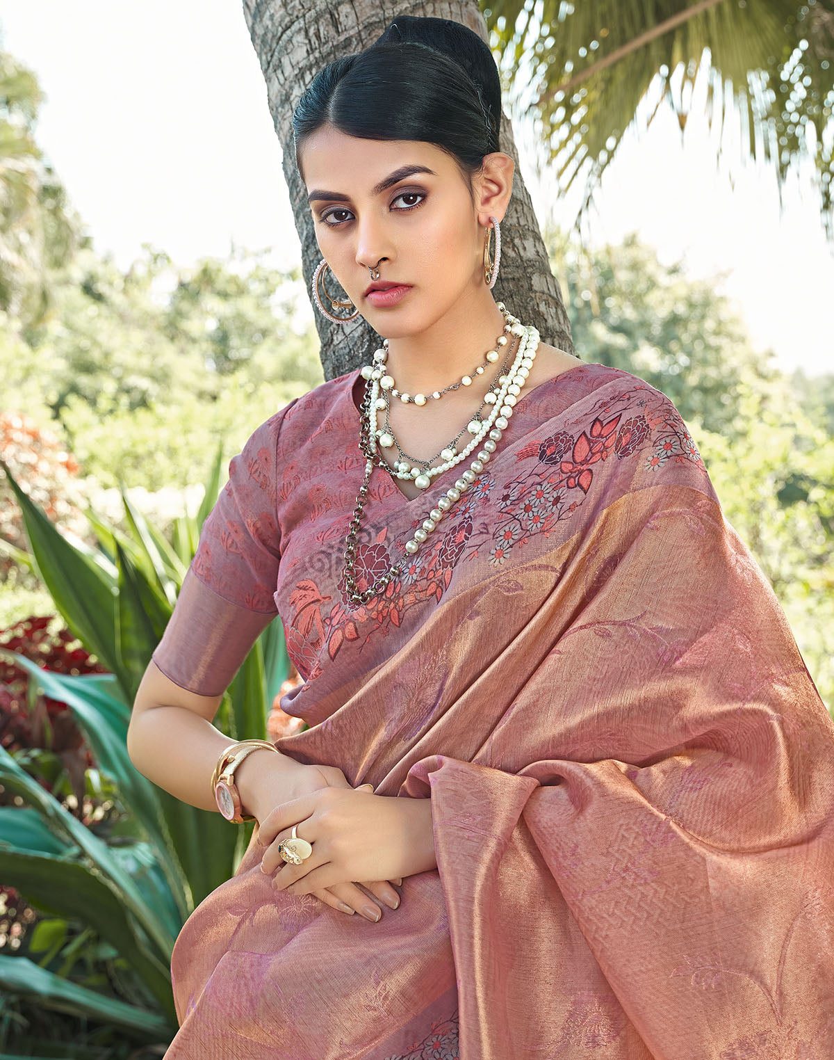 Peachmode Tissue Fabric Saree with Floral Border South India Shopping Mall