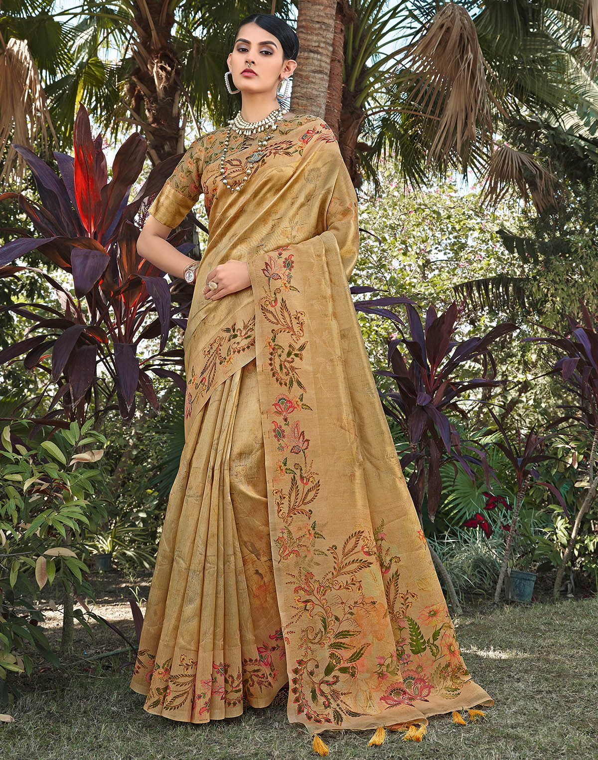 Gold Floral Motifs Tissue Saree