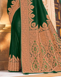 Collection of Bottle Green Plain Satin Saree with Golden Border in a gallery layout