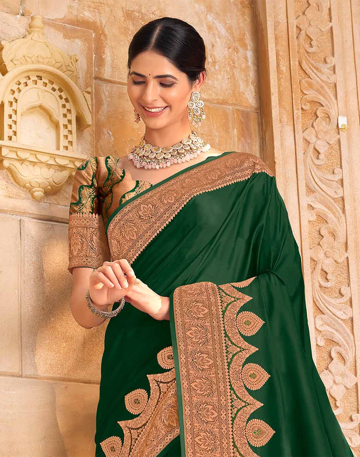 Bottle Green Plain Satin Saree with Golden Border