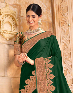 Collection of Bottle Green Plain Satin Saree with Golden Border in a gallery layout