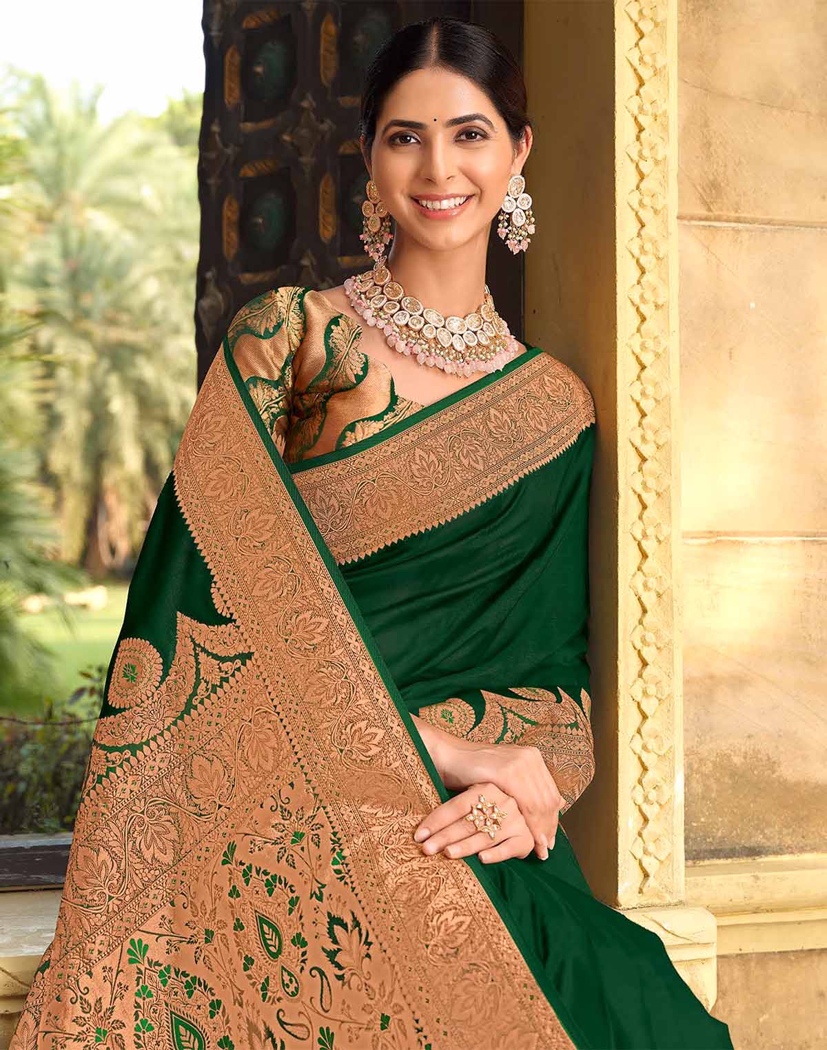 Bottle Green Plain Satin Saree with Golden Border