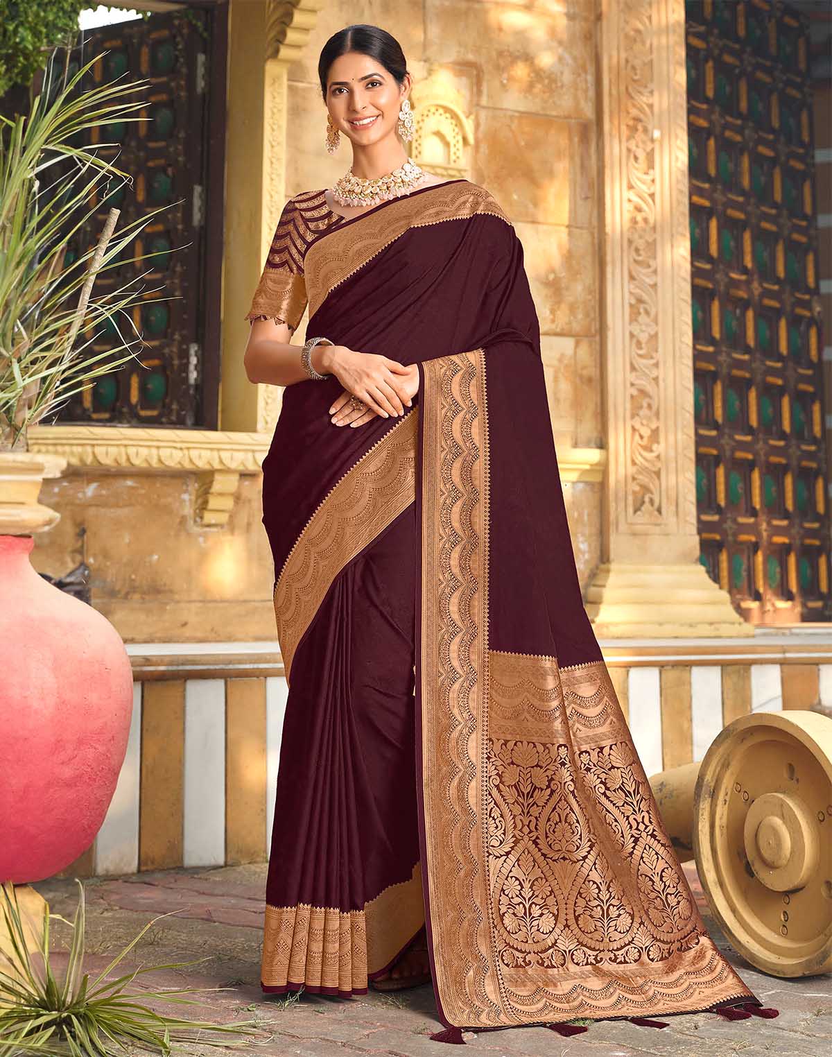 Wine Colour Satin Saree with Attractive Border