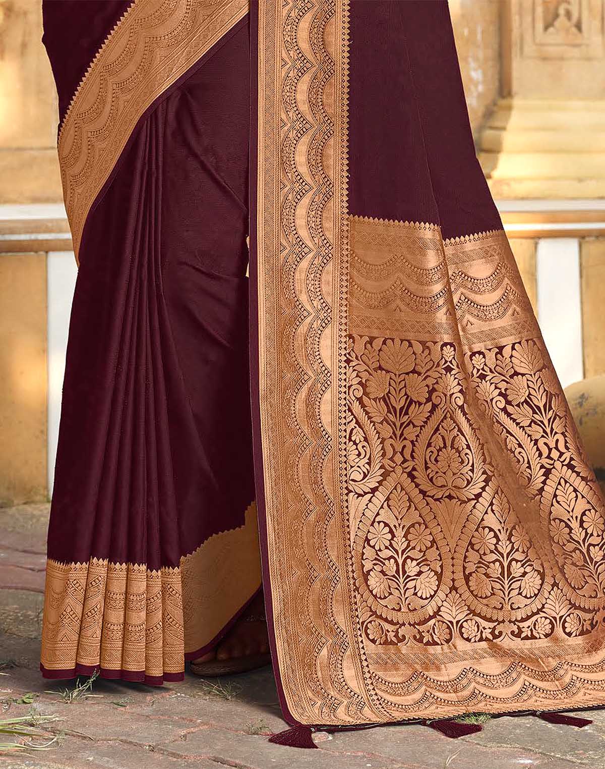 Collection of Wine Colour Satin Saree with Attractive Border in a gallery layout