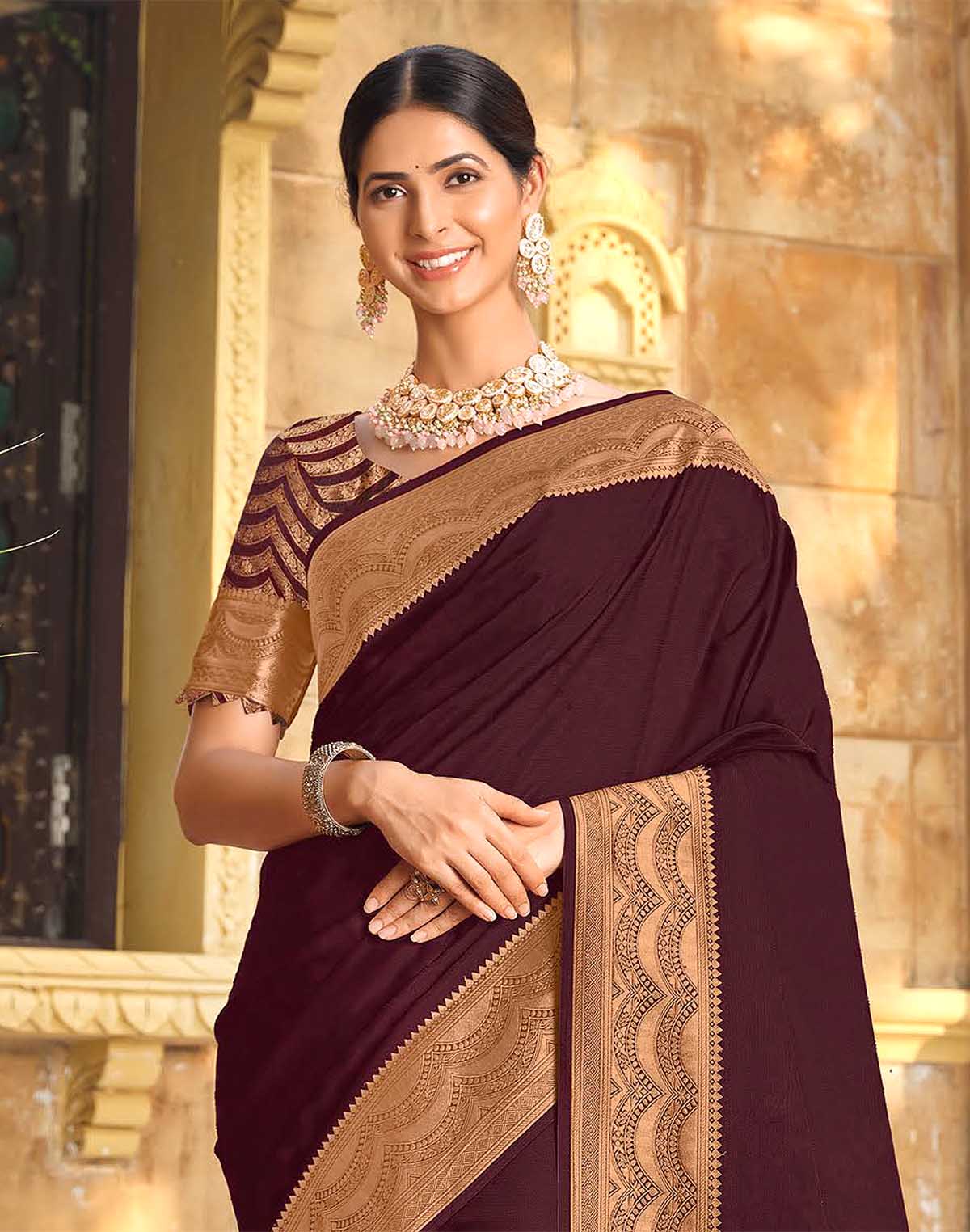 Collection of Wine Colour Satin Saree with Attractive Border in a gallery layout