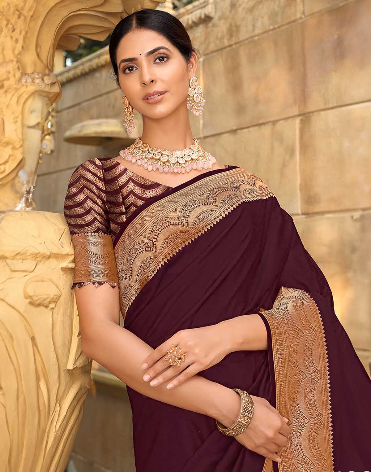 Collection of Wine Colour Satin Saree with Attractive Border in a gallery layout