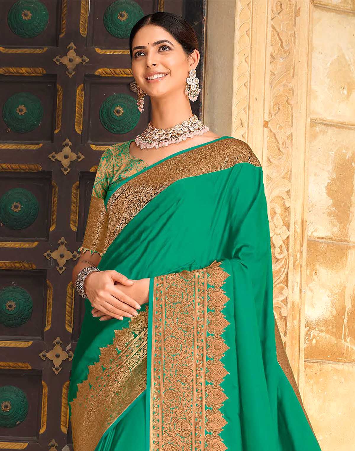 Sea Green Satin Silk Saree with Golden Heavy Border