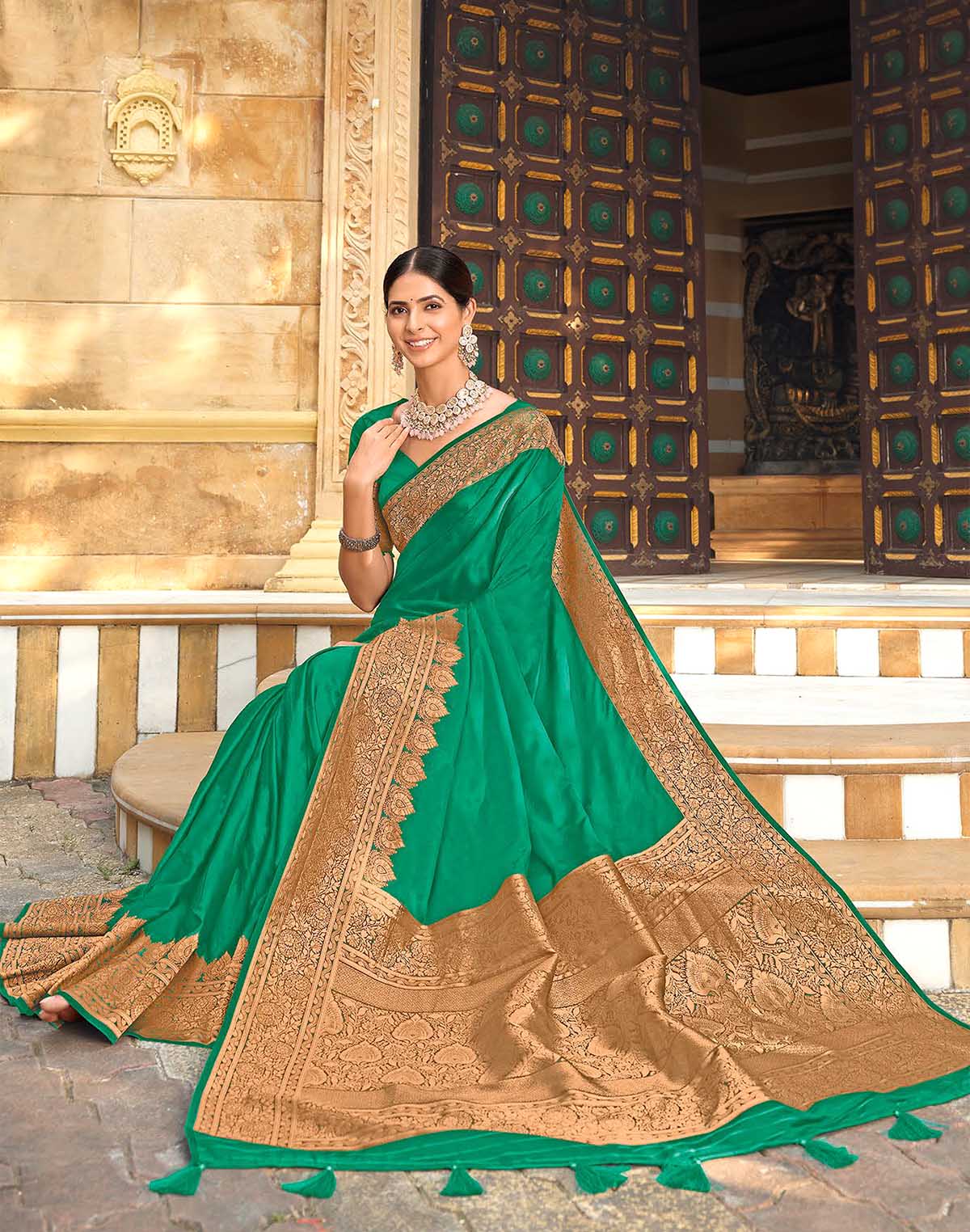 Sea Green Satin Silk Saree with Golden Heavy Border