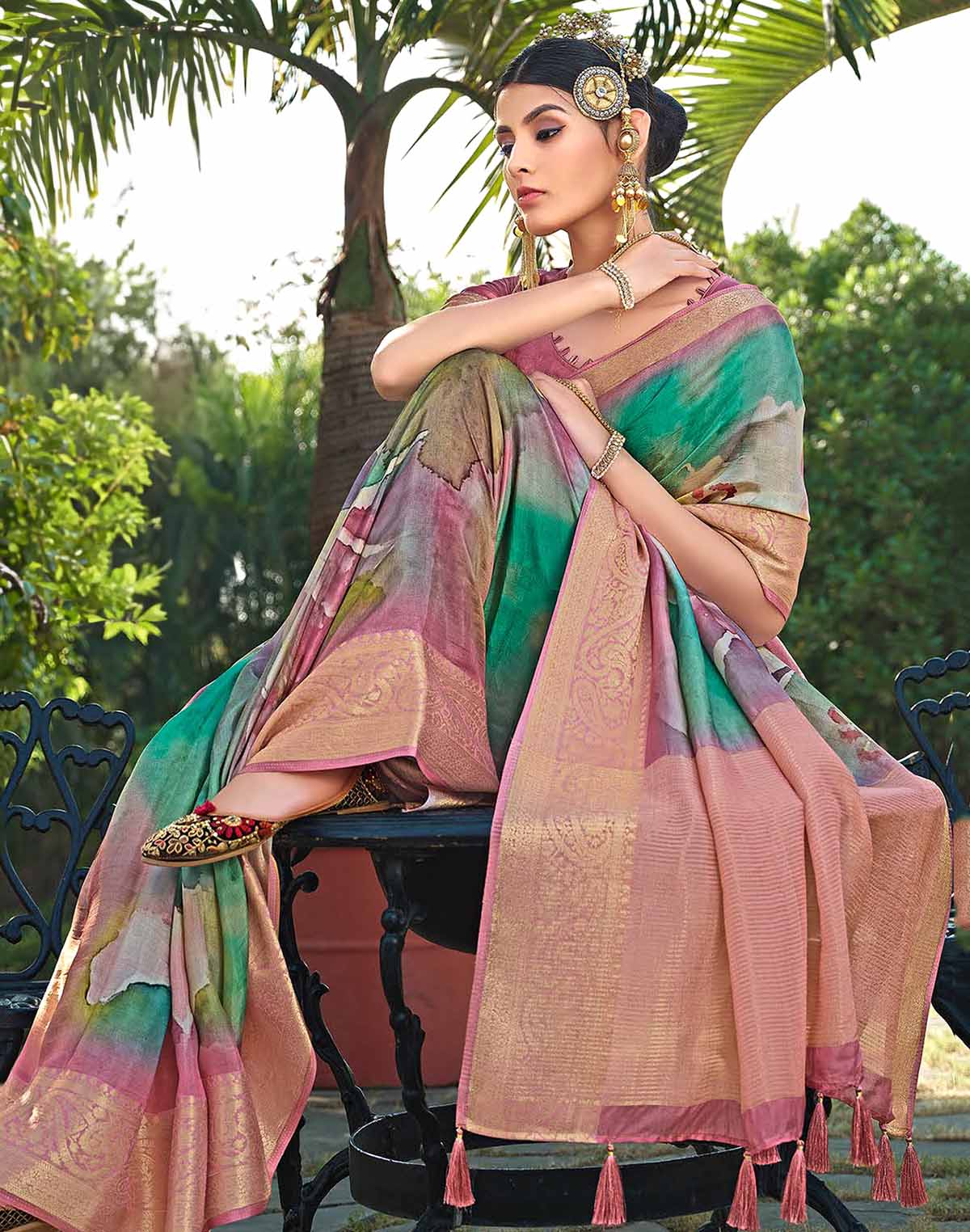 Collection of Sea Green Graphic design Soft Dola Silk Saree in a gallery layout