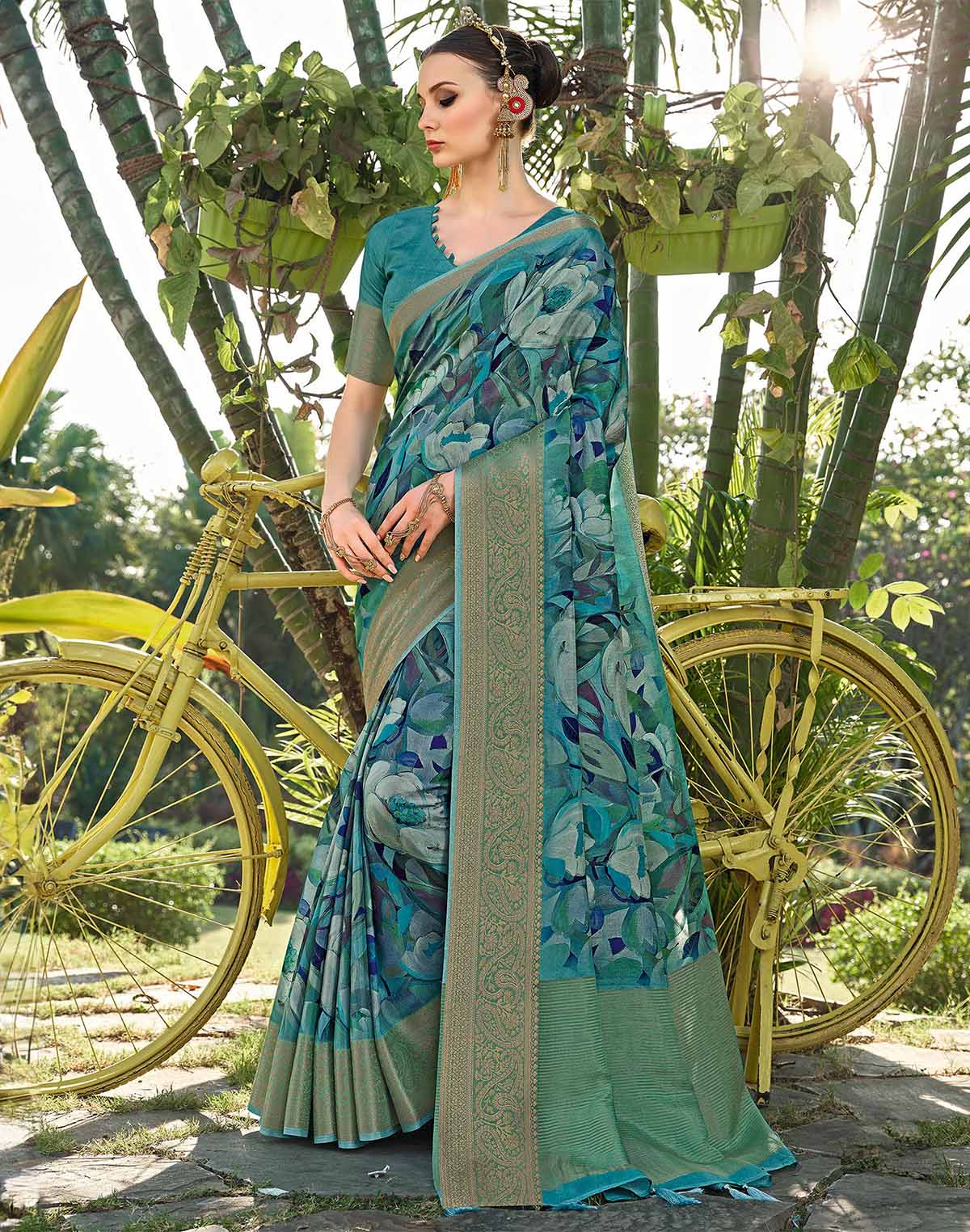 Teal Blue all over Floral Print Dola Silk Saree