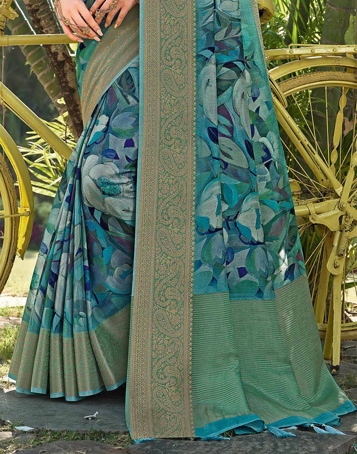 Collection of Teal Blue all over Floral Print Dola Silk Saree in a gallery layout