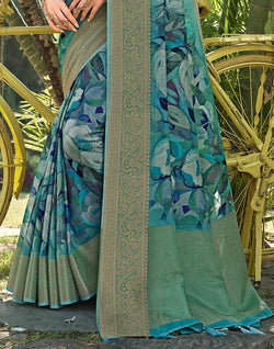 Collection of Teal Blue all over Floral Print Dola Silk Saree in a gallery layout