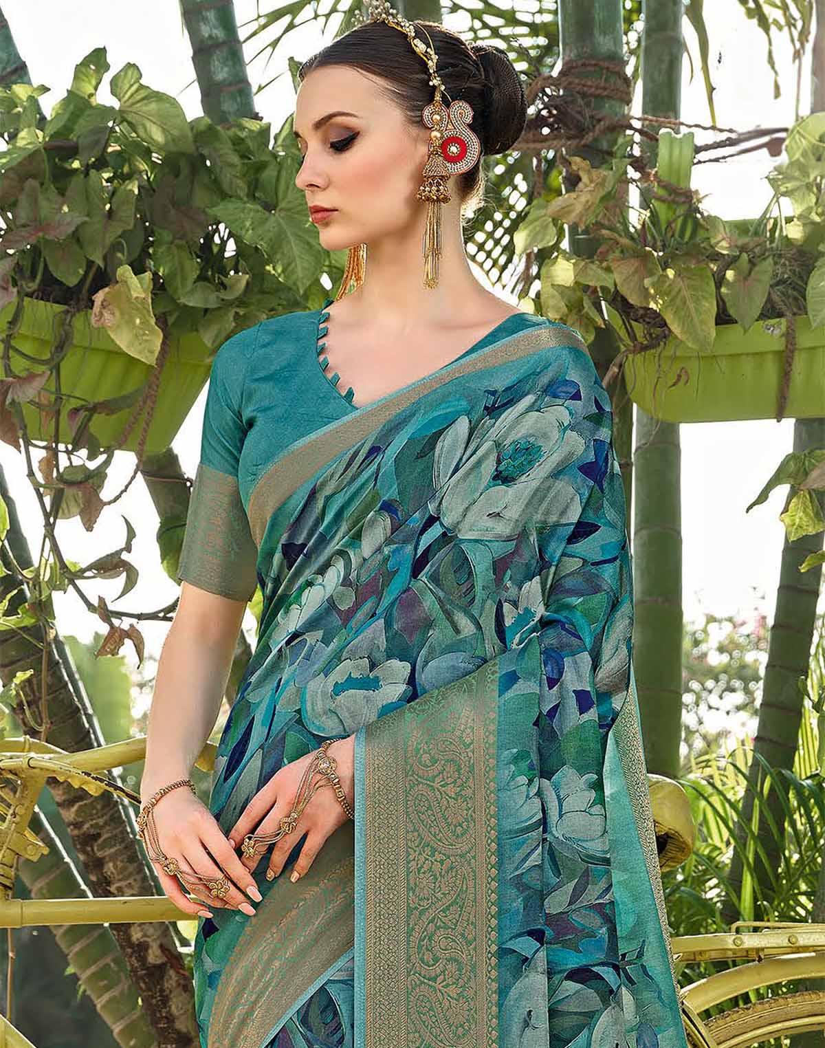 Teal Blue all over Floral Print Dola Silk Saree