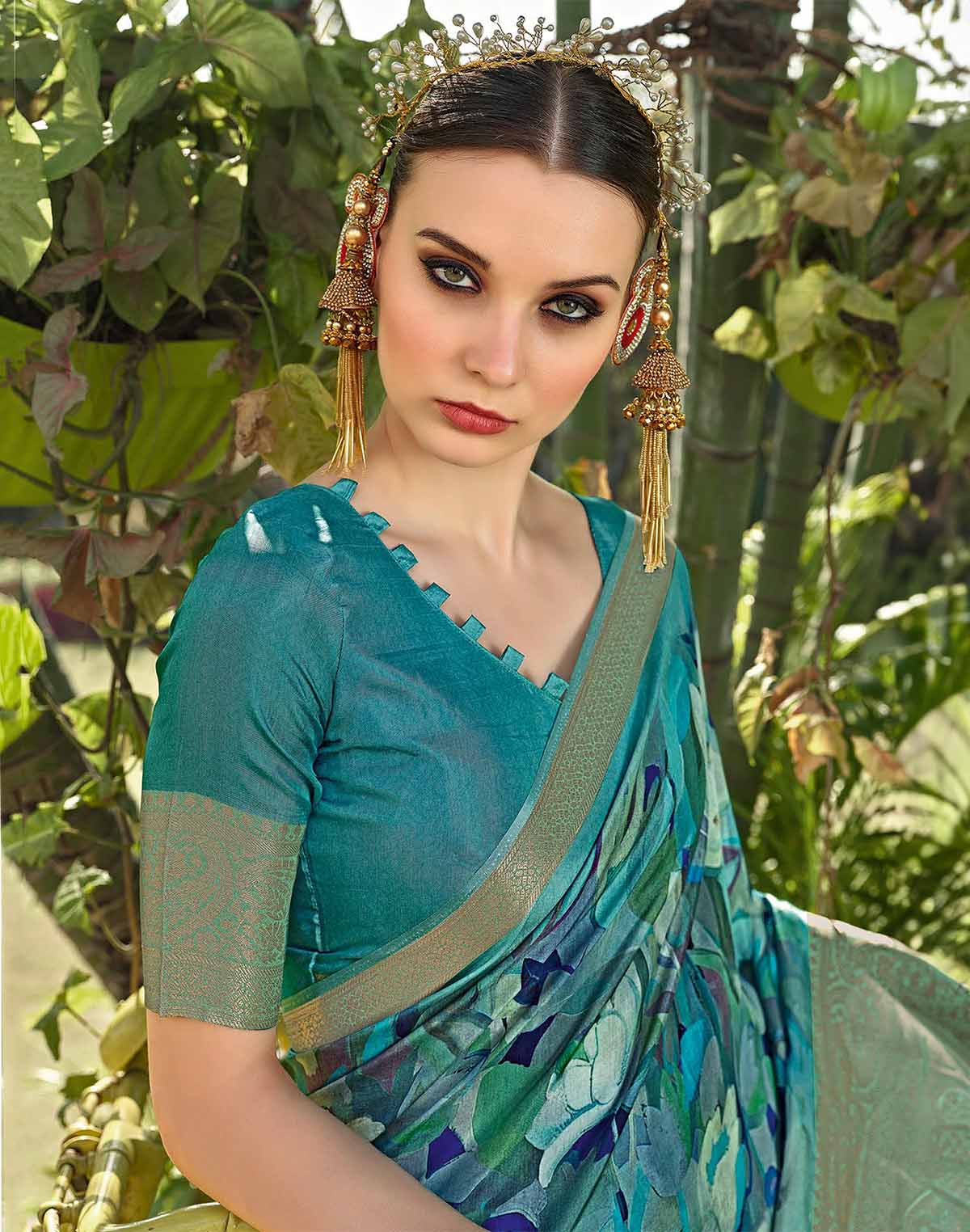 Collection of Teal Blue all over Floral Print Dola Silk Saree in a gallery layout