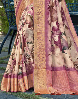 Collection of Mauve Purple Graphic Print smooth Dola Silk Saree in a gallery layout